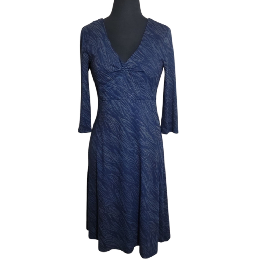 Horny Toad Rosalinda sheath  dress blue tan printed v neck pleat  women's small